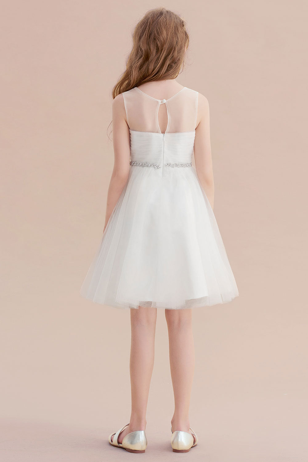 A-Line Illusion Knee Length Tulle Flower Girl Dress