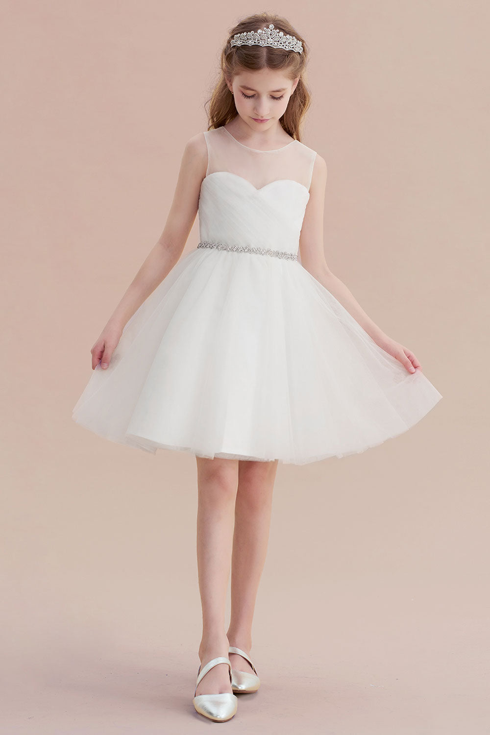 A-Line Illusion Knee Length Tulle Flower Girl Dress