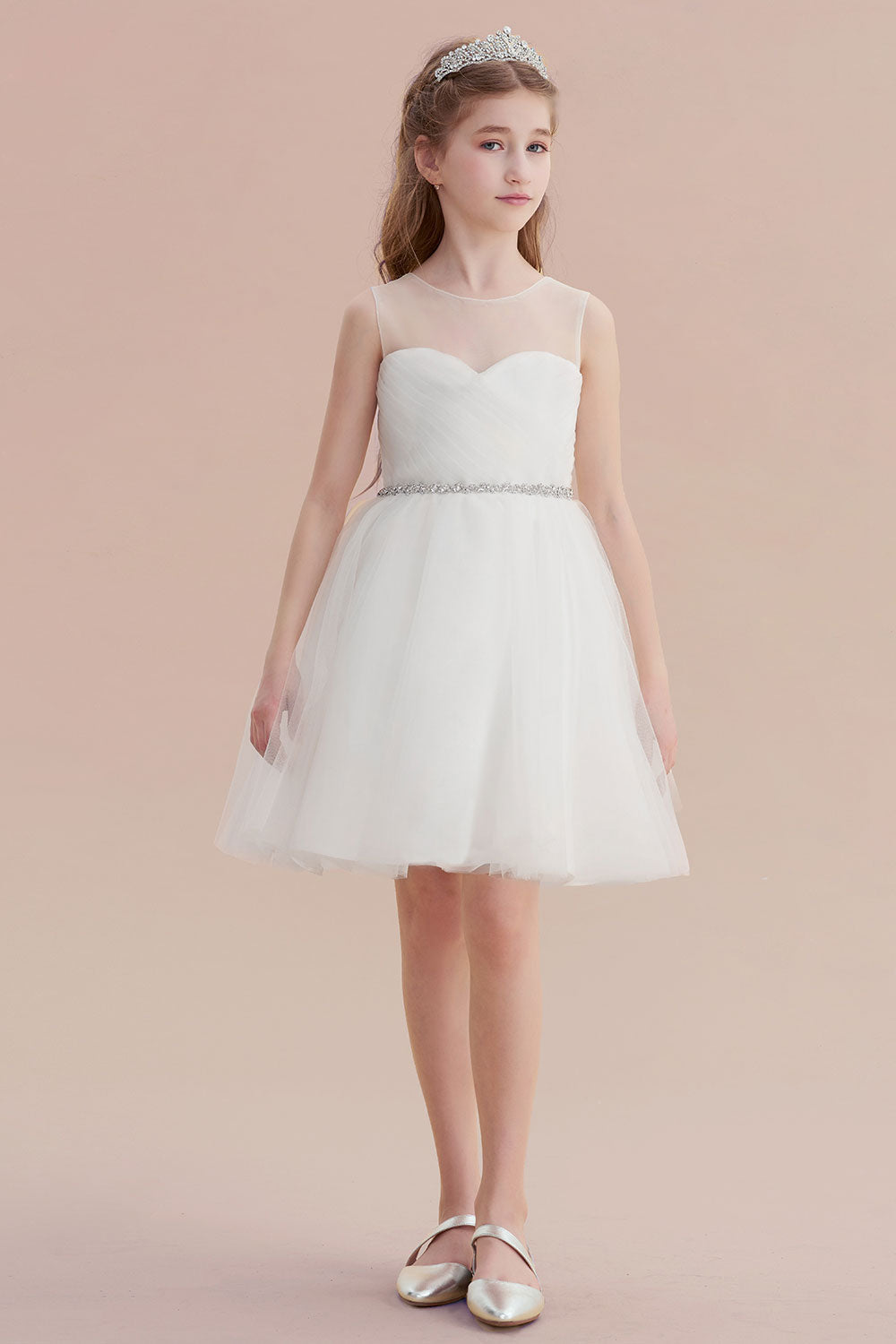 A-Line Illusion Knee Length Tulle Flower Girl Dress