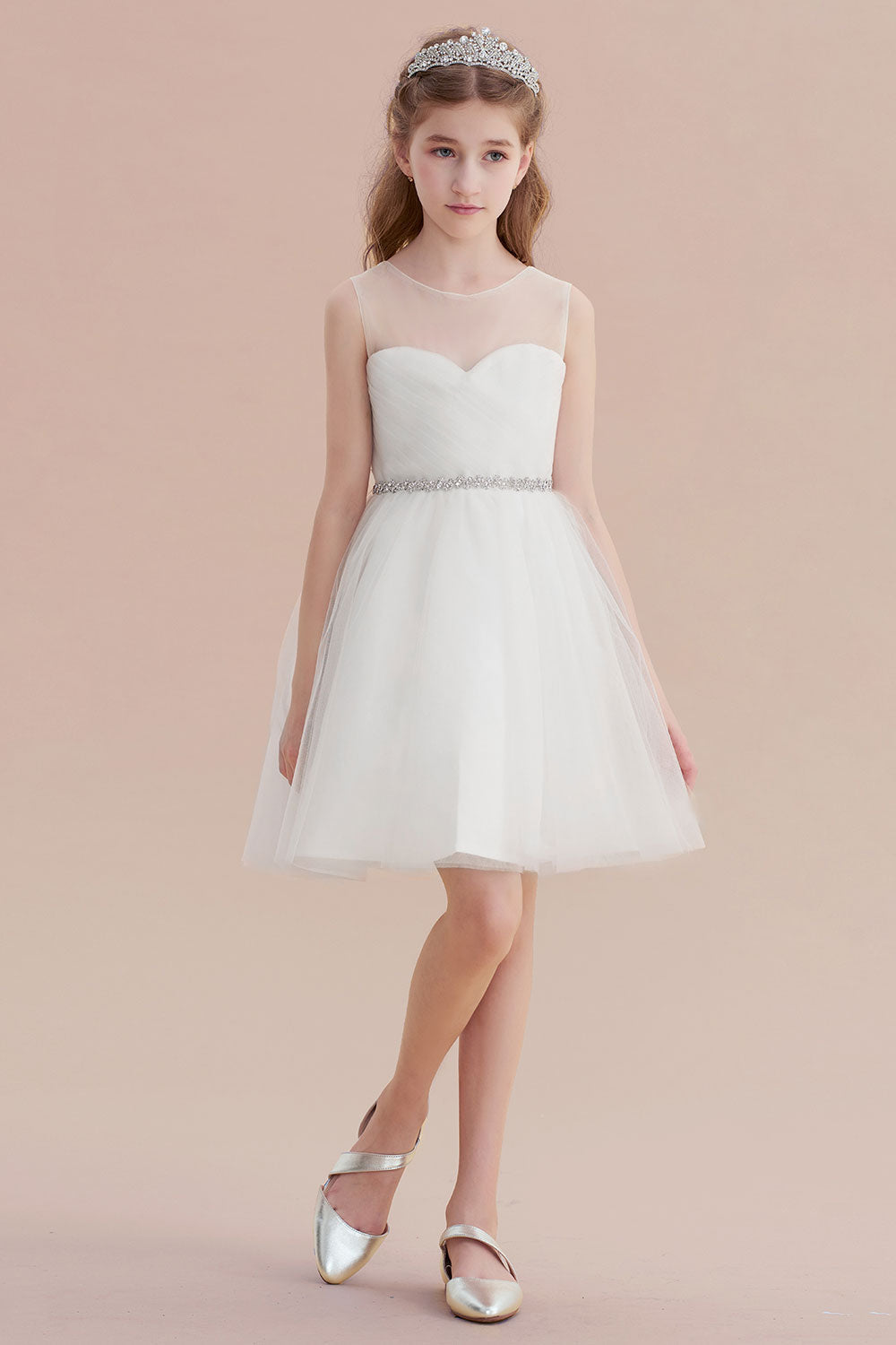 A-Line Illusion Knee Length Tulle Flower Girl Dress