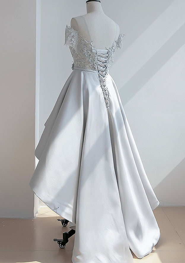 A-Line Illusion Neck Short Sleeve Satin Asymmetrical Homecoming Dress with Appliqued Waistband