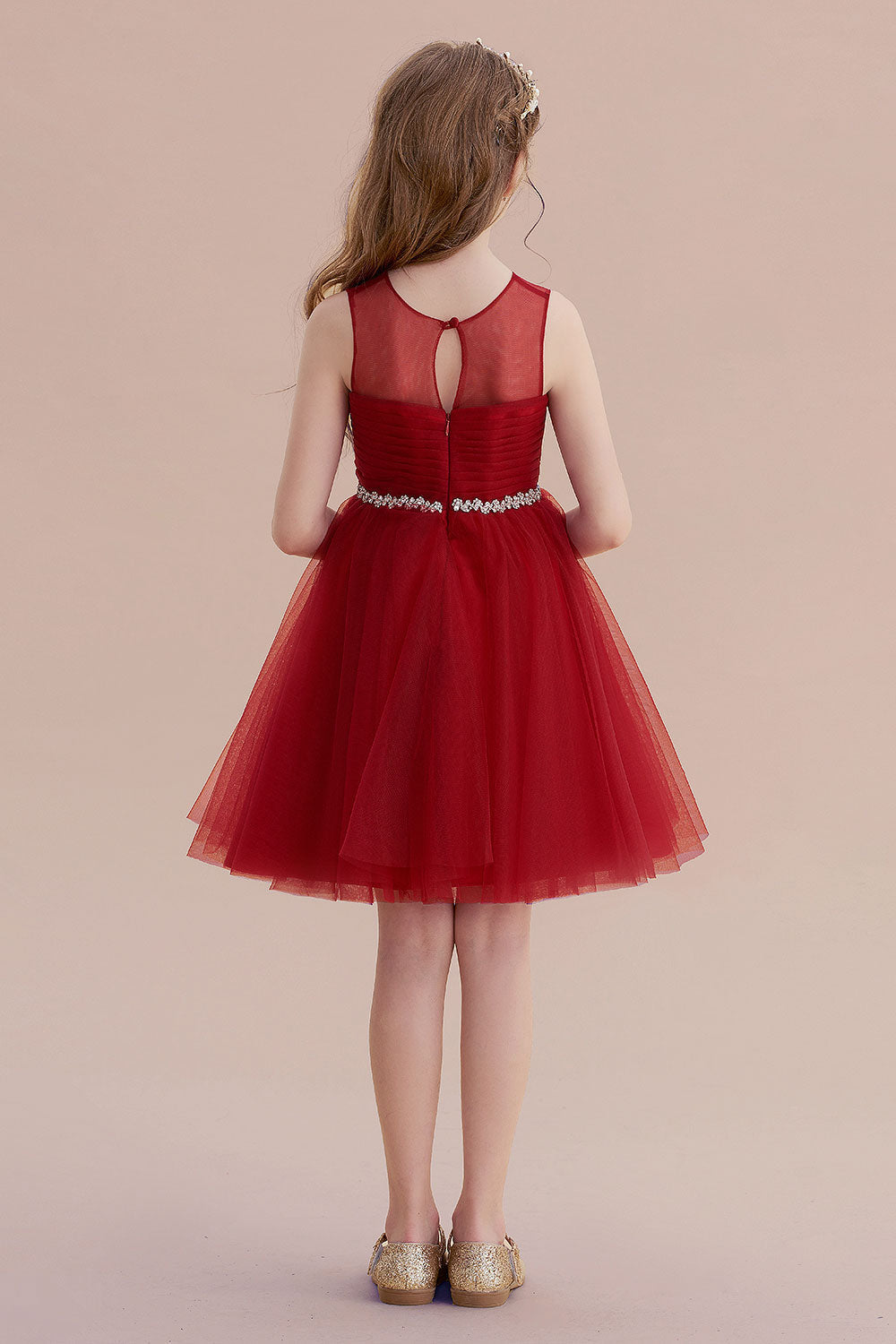 A-Line Illusion Tulle Knee Length Flower Girl Dress - Fashionpara