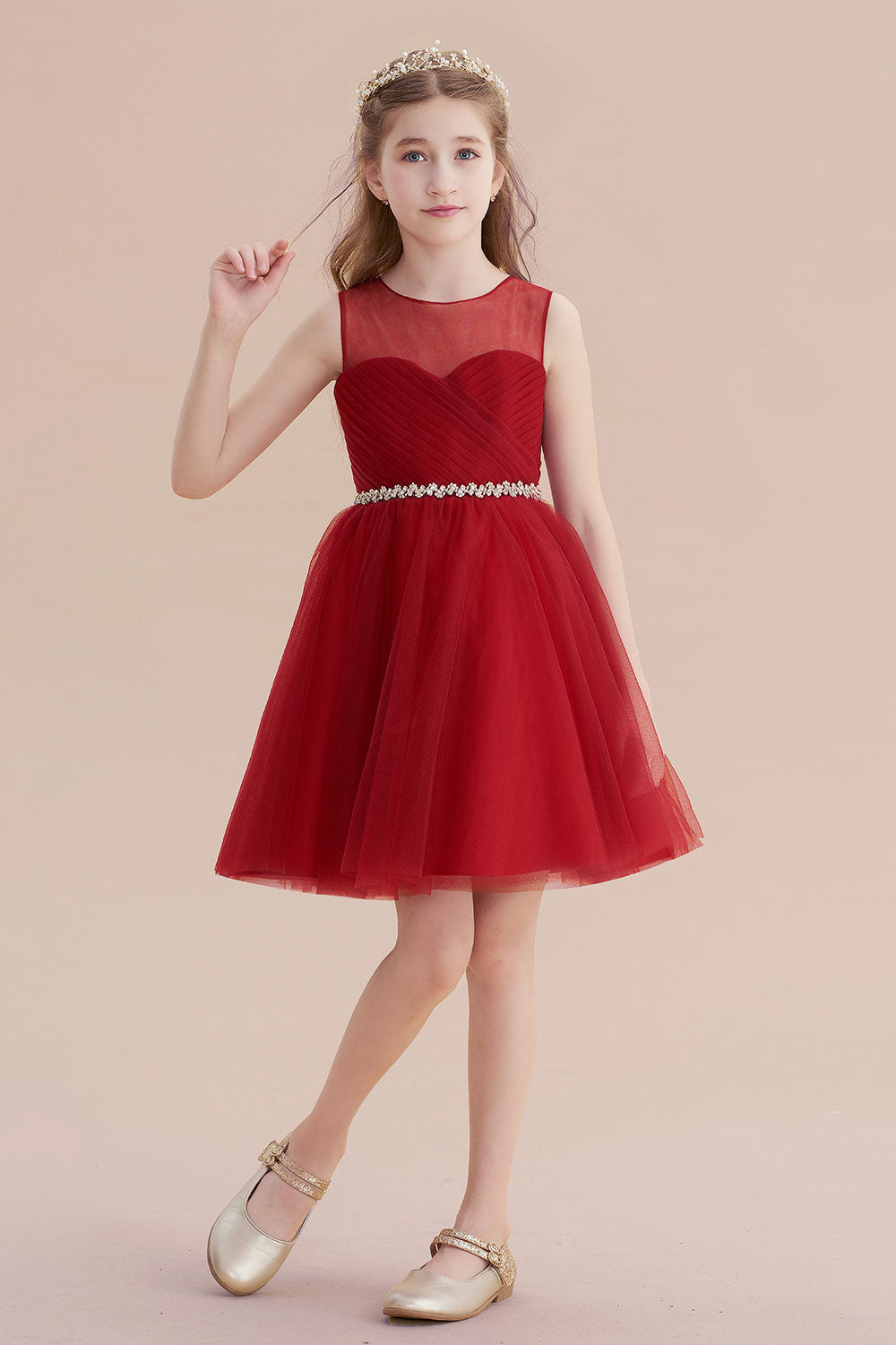 A-Line Illusion Tulle Knee Length Flower Girl Dress