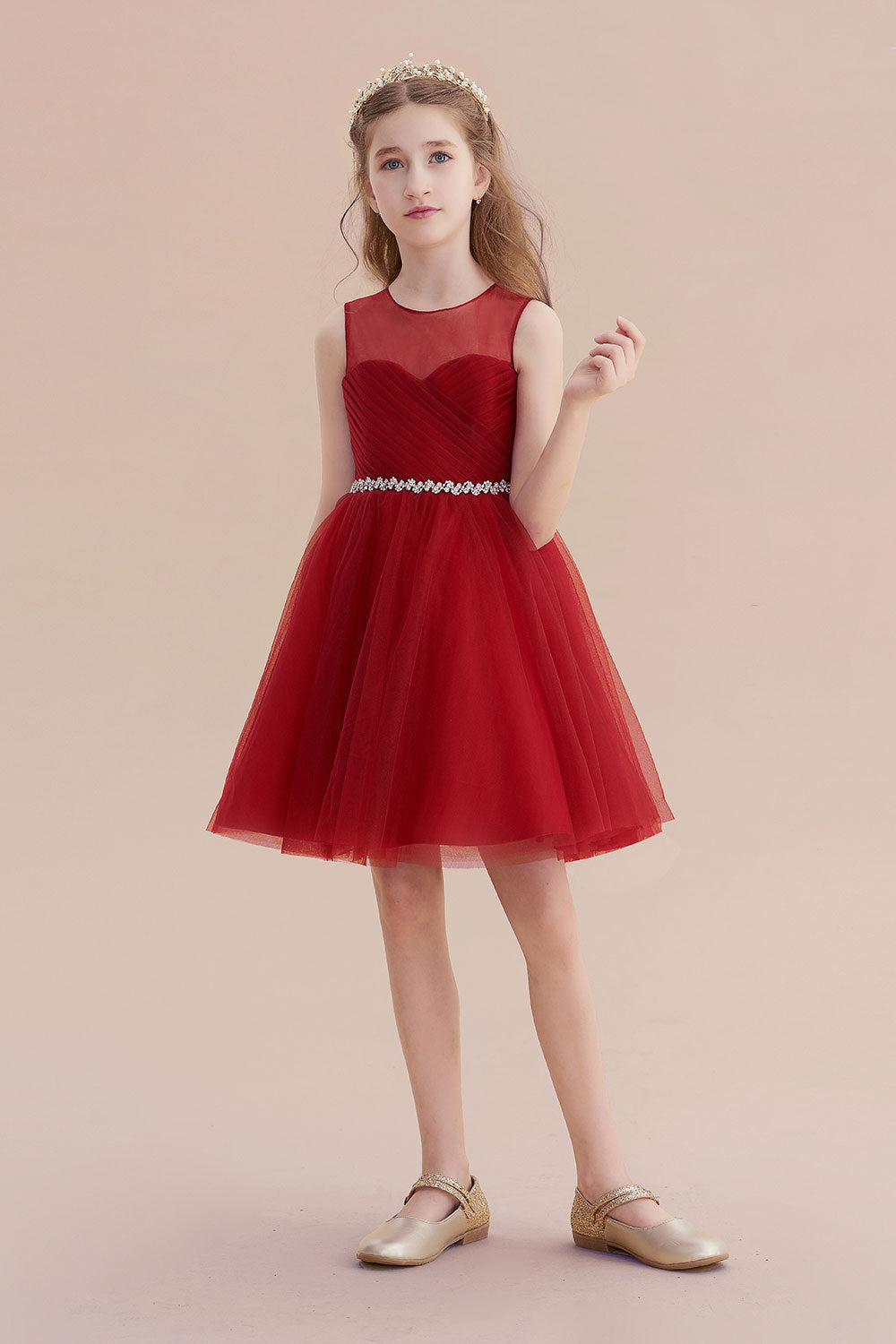 A-Line Illusion Tulle Knee Length Flower Girl Dress - Fashionpara