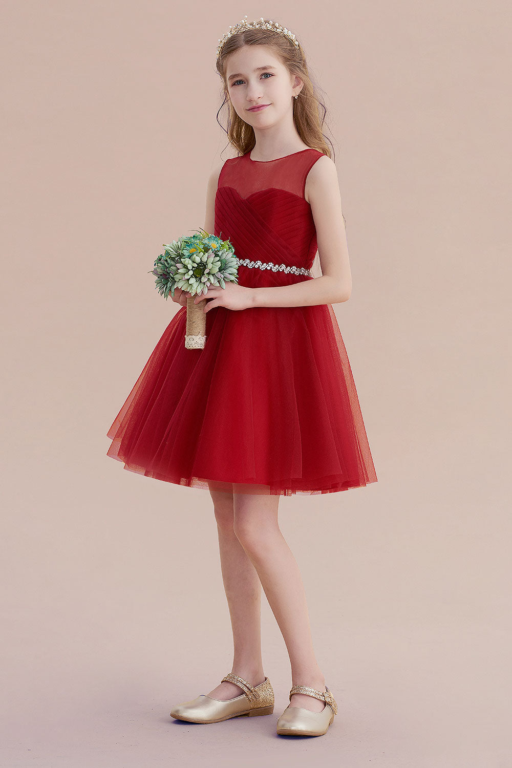 A-Line Illusion Tulle Knee Length Flower Girl Dress