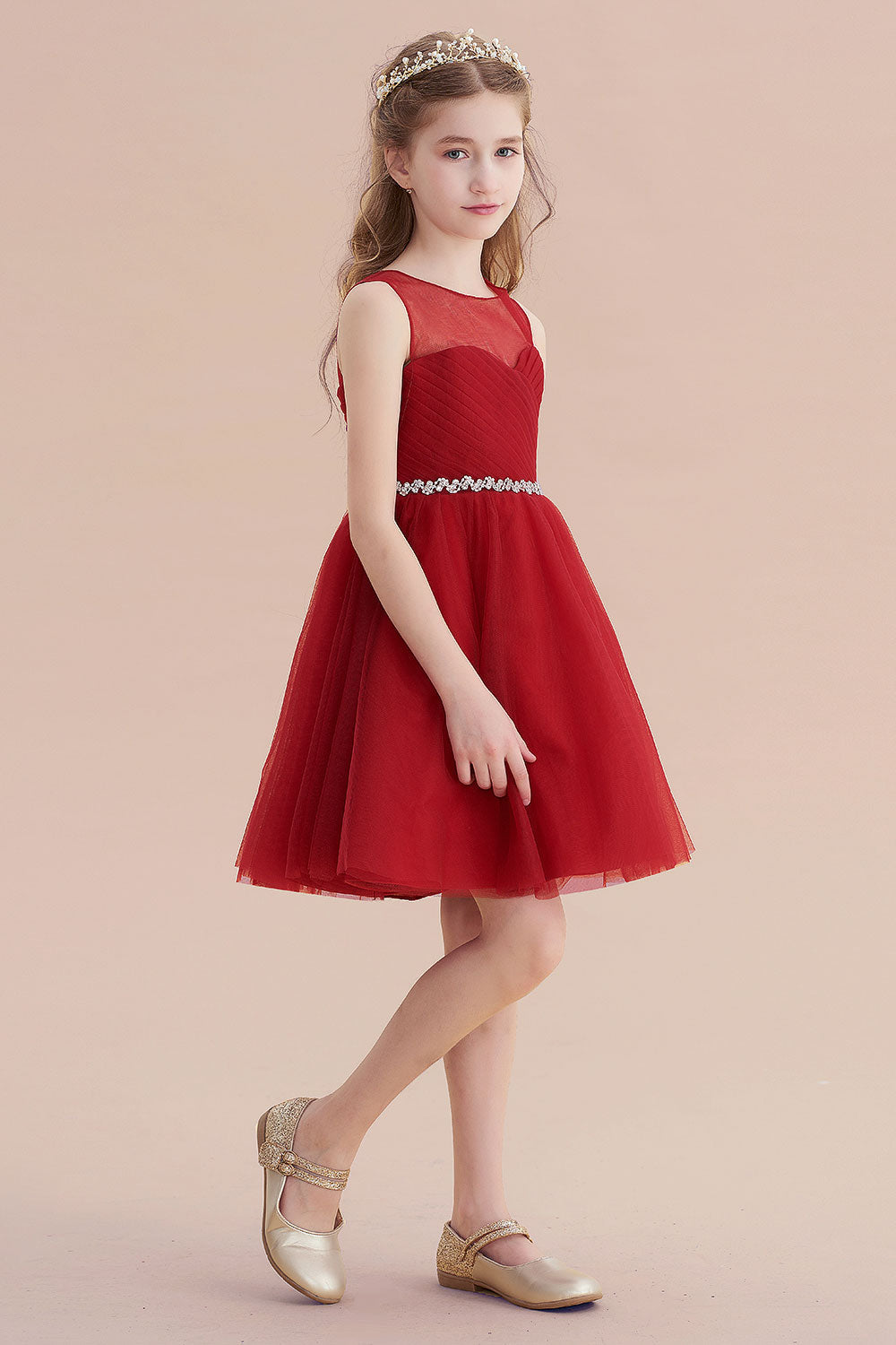 A-Line Illusion Tulle Knee Length Flower Girl Dress