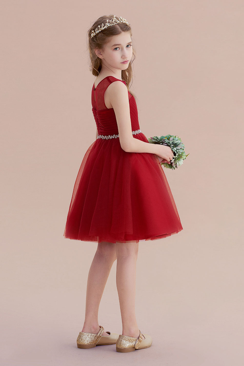 A-Line Illusion Tulle Knee Length Flower Girl Dress - Fashionpara