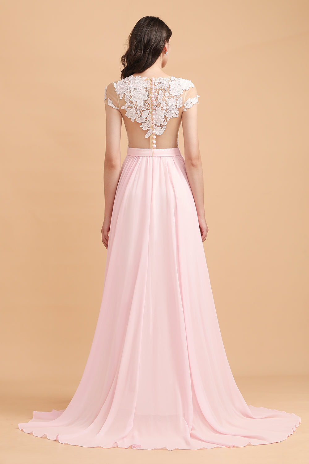 A-Line Jewel Chiffon Lace Ruffles Bridesmaid Dresses with Slit