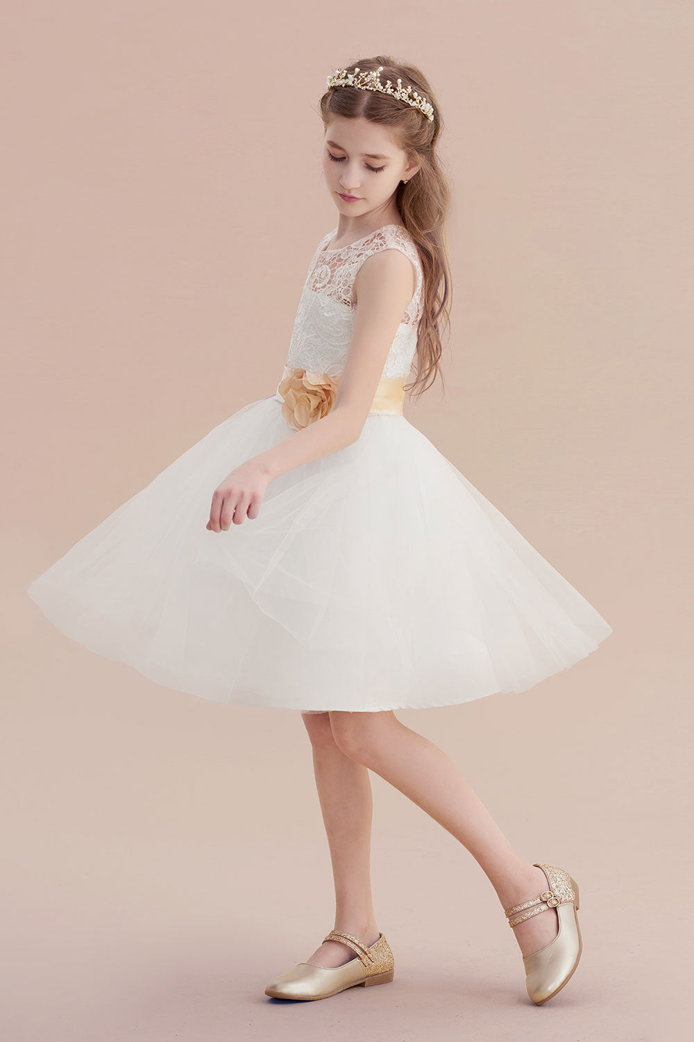 A-Line Lace Tulle Knee Length Dress Flower Girl Dress - Fashionpara