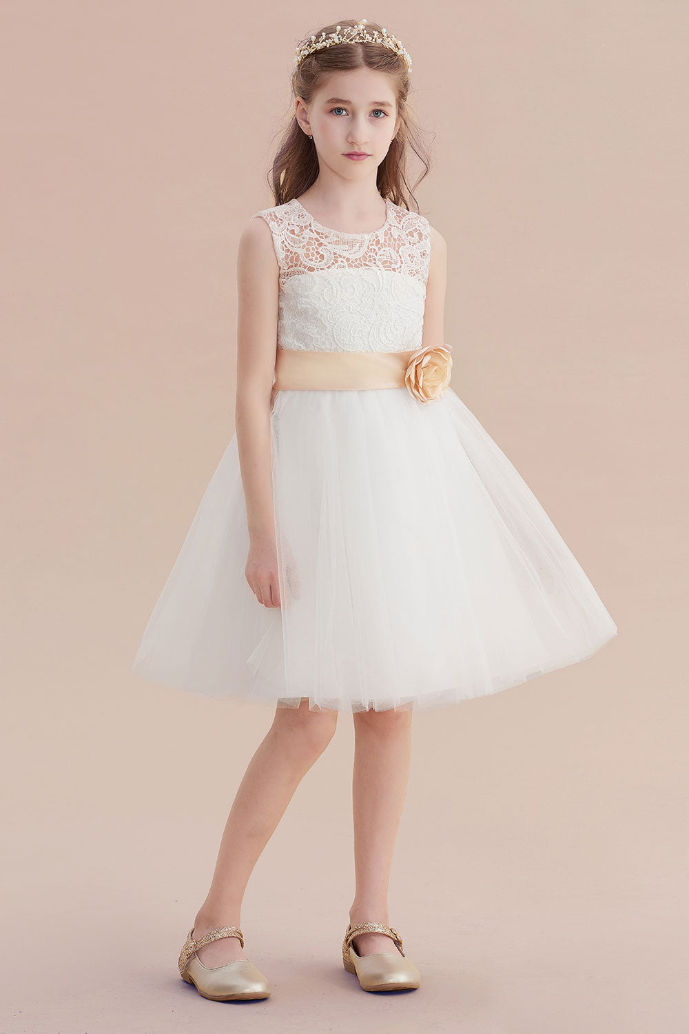 A-Line Lace Tulle Knee Length Dress Flower Girl Dress - Fashionpara