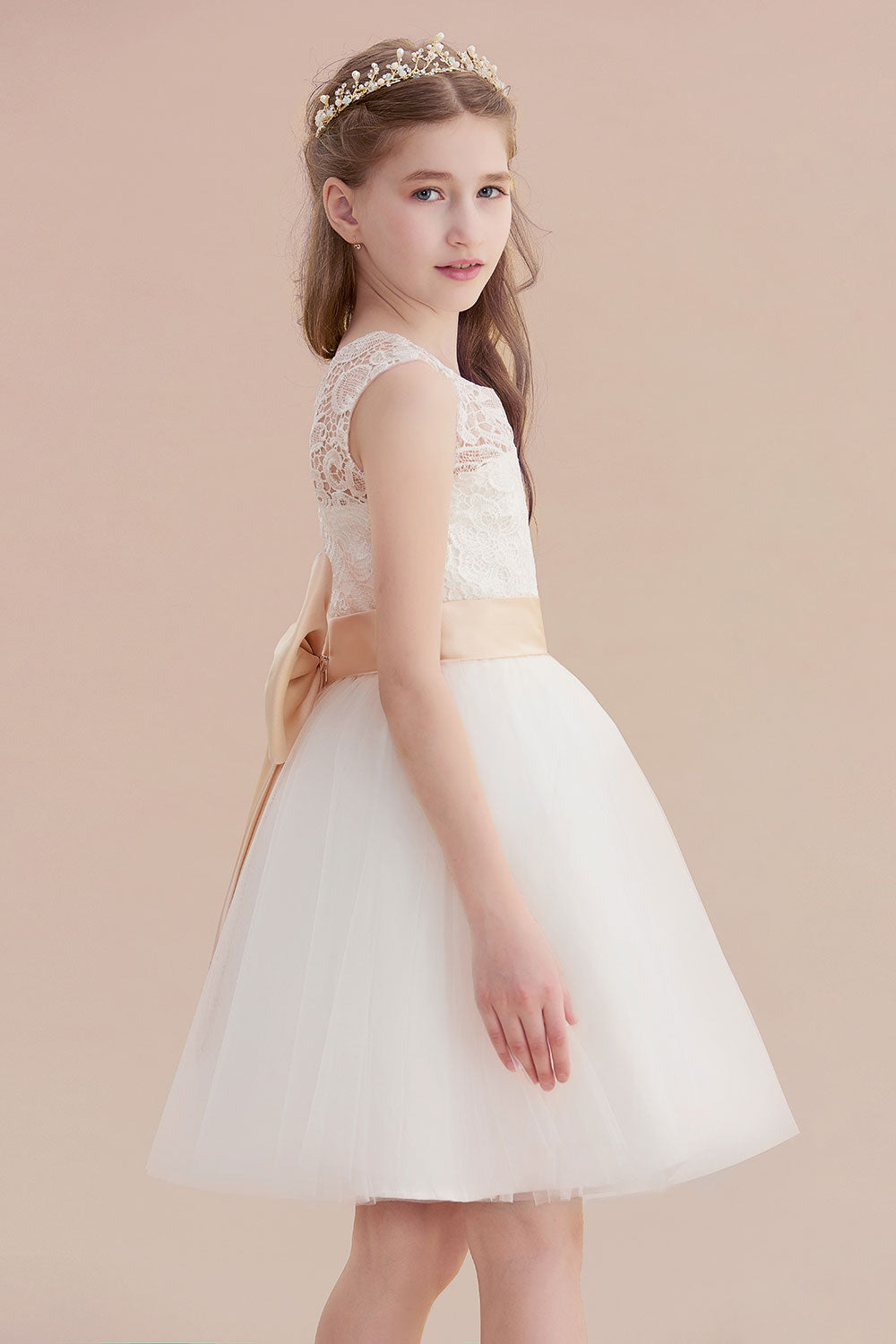 A-Line Lace Tulle Knee Length Dress Flower Girl Dress - Fashionpara