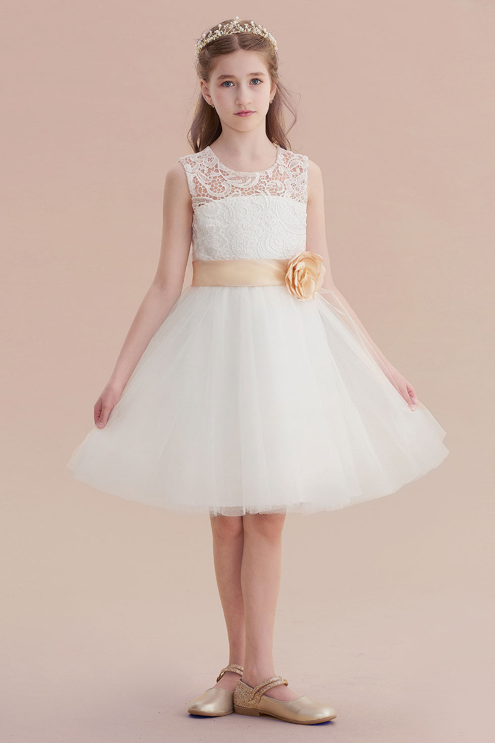 A-Line Lace Tulle Knee Length Dress Flower Girl Dress - Fashionpara