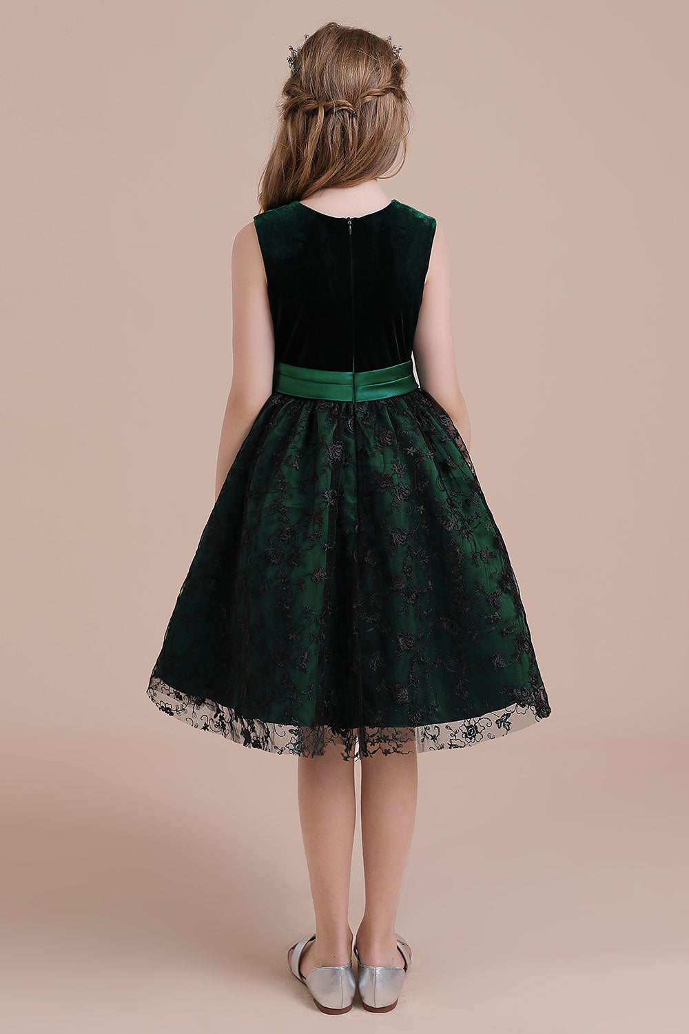 A-Line Lace Velvet Knee Length Flower Girl Dress - Fashionpara