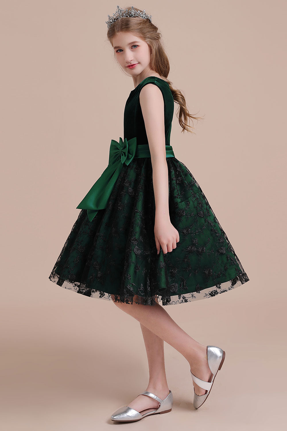 A-Line Lace Velvet Knee Length Flower Girl Dress - Fashionpara