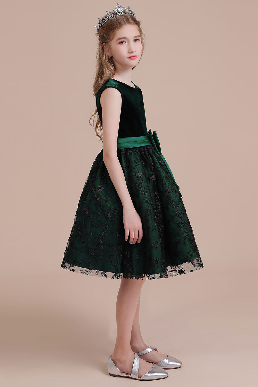 A-Line Lace Velvet Knee Length Flower Girl Dress - Fashionpara