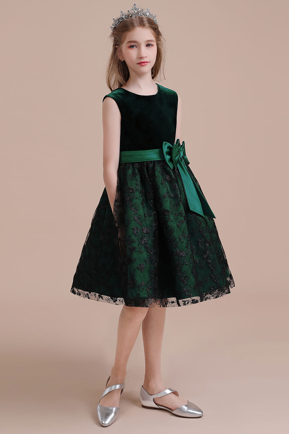 A-Line Lace Velvet Knee Length Flower Girl Dress - Fashionpara