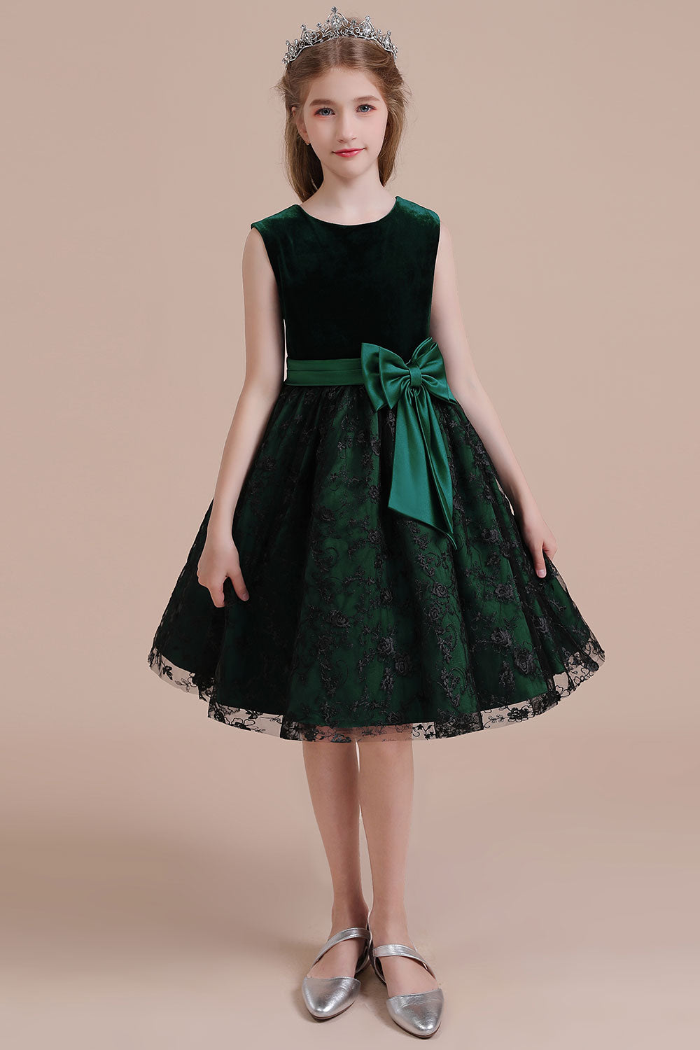 A-Line Lace Velvet Knee Length Flower Girl Dress - Fashionpara