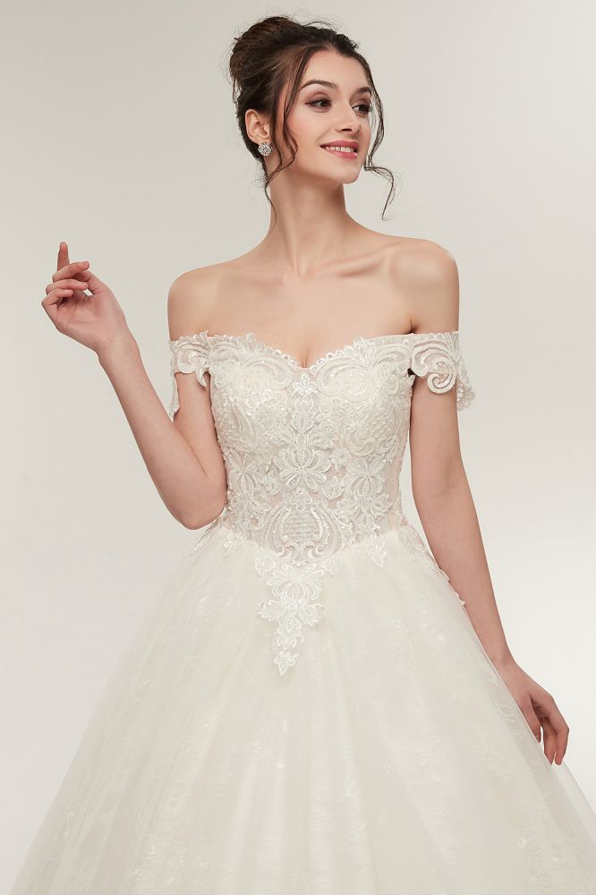 A line Off shoulder Sweetheart Floor Length Lace Appliques Wedding Dresses with Lace up