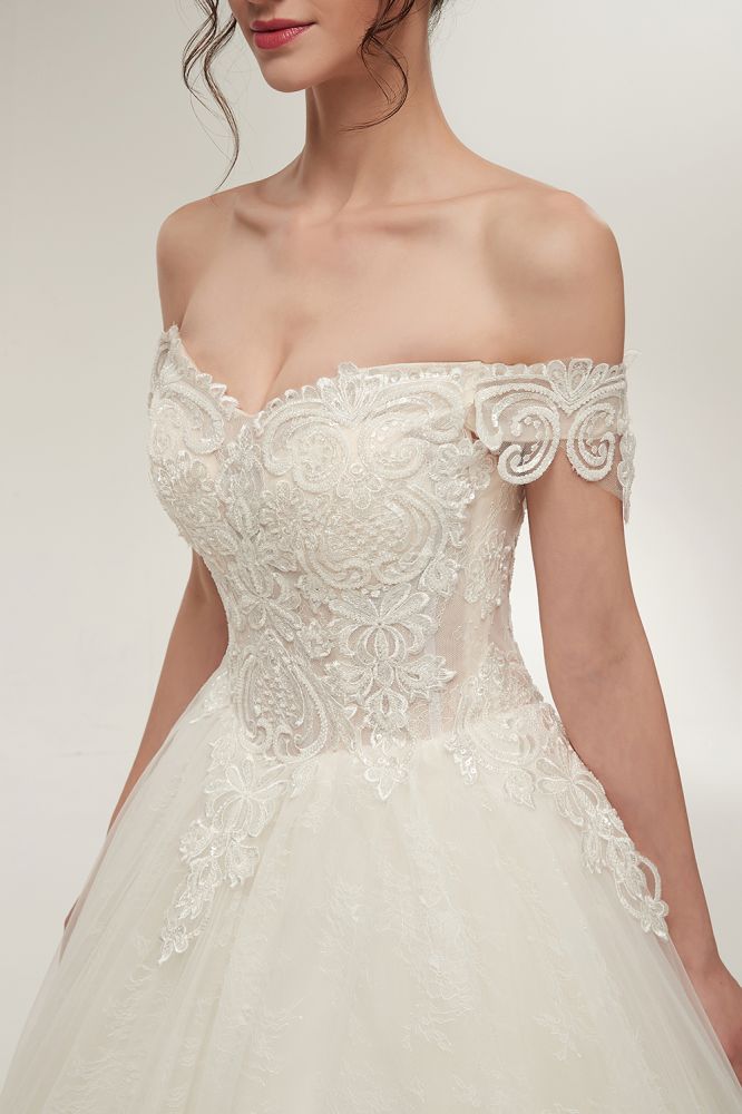 A line Off shoulder Sweetheart Floor Length Lace Appliques Wedding Dresses with Lace up