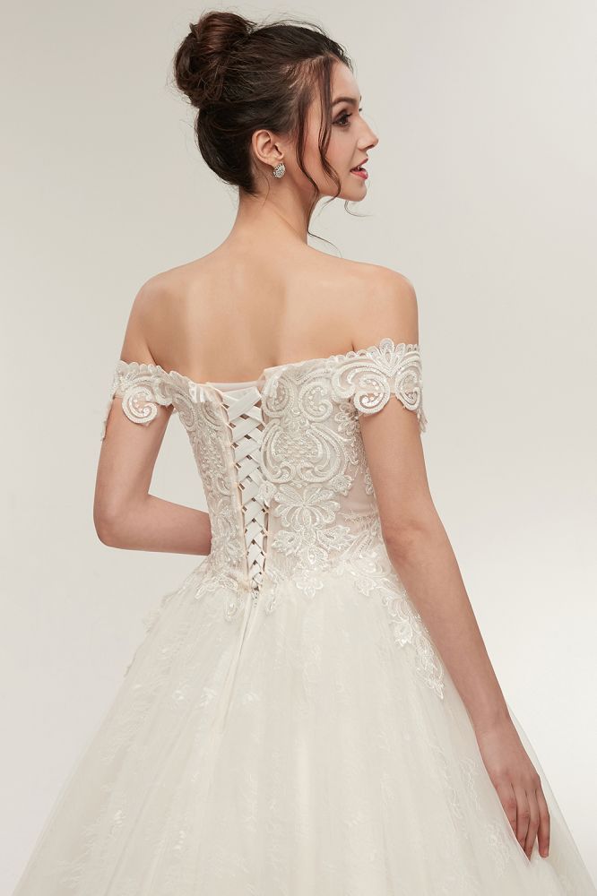 A line Off shoulder Sweetheart Floor Length Lace Appliques Wedding Dresses with Lace up