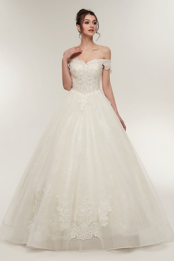 A line Off shoulder Sweetheart Floor Length Lace Appliques Wedding Dresses with Lace up