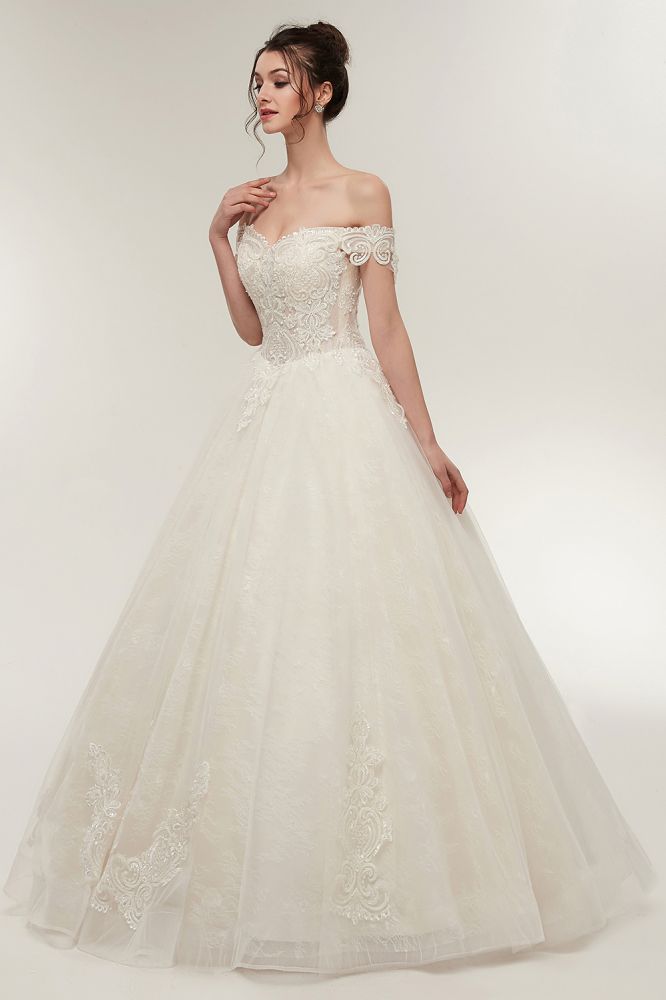 A line Off shoulder Sweetheart Floor Length Lace Appliques Wedding Dresses with Lace up