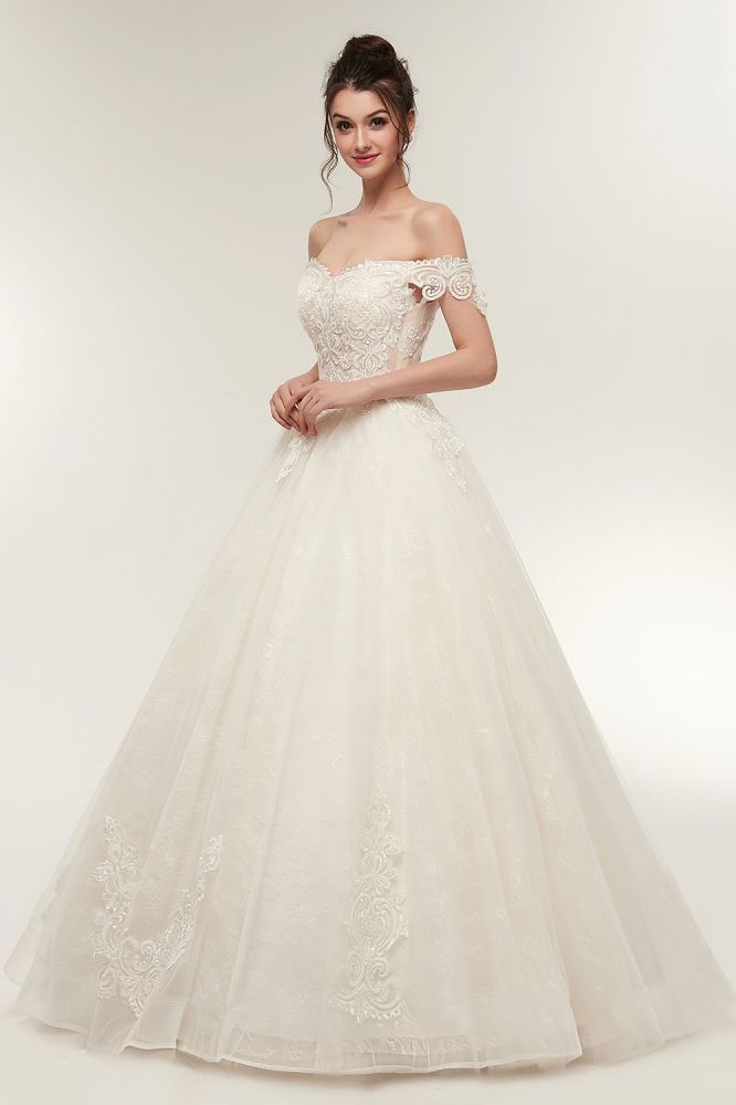 A line Off shoulder Sweetheart Floor Length Lace Appliques Wedding Dresses with Lace up