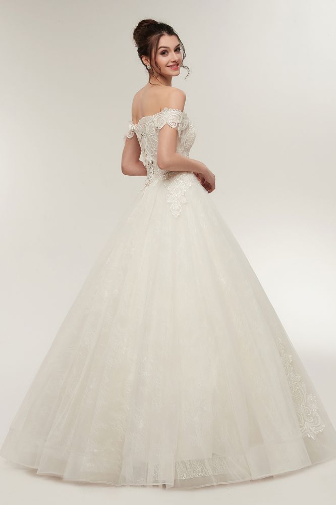 A line Off shoulder Sweetheart Floor Length Lace Appliques Wedding Dresses with Lace up