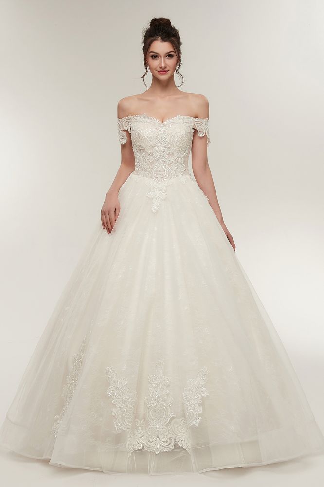 A line Off shoulder Sweetheart Floor Length Lace Appliques Wedding Dresses with Lace up