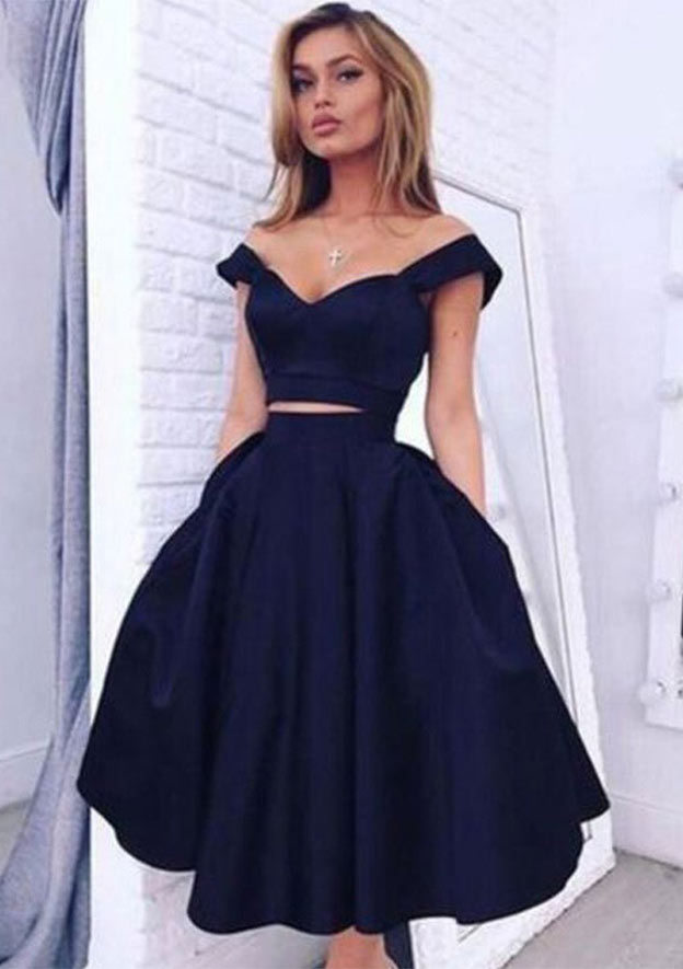 A-Line Off-the-Shoulder Sleeveless Knee-Length Satin Homecoming Dress with Pockets