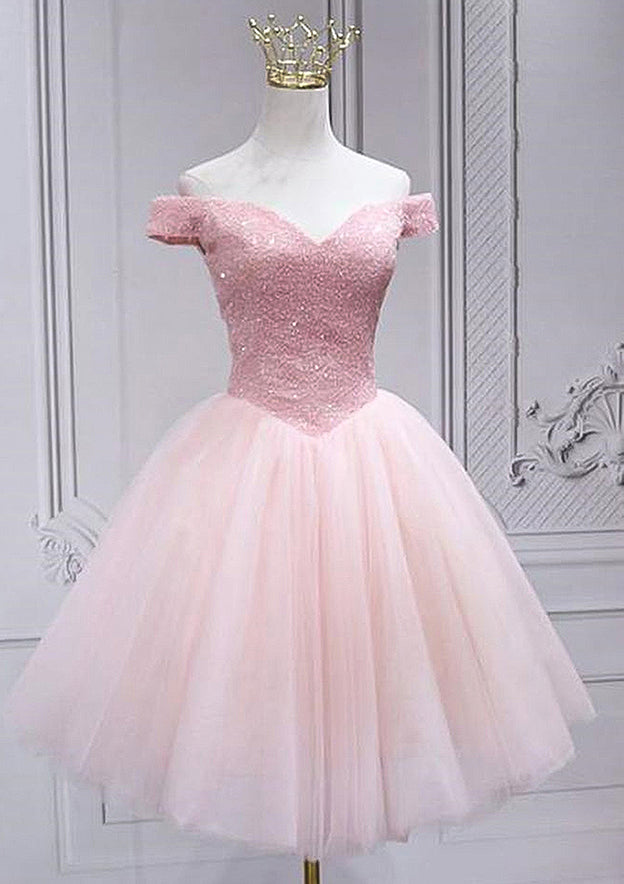 A-Line Off-the-Shoulder Sleeveless Tulle Short/Mini Homecoming Dress with Sequins Beading