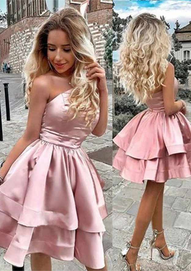 A-Line Princess One-Shoulder Sleeveless Satin Homecoming Dress with Ruffles