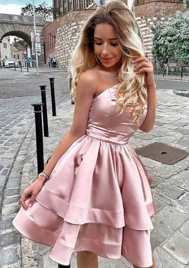 A-Line Princess One-Shoulder Sleeveless Satin Homecoming Dress with Ruffles