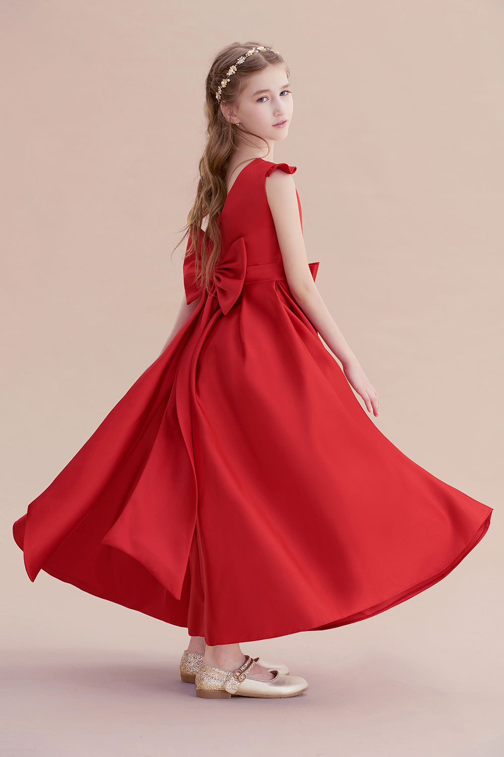 A-Line Satin Bow Ankle Length Flower Girl Dress On Sale - Fashionpara