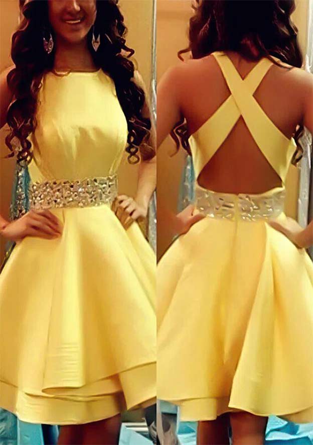 A-Line Scoop Neck Sleeveless Short/Mini Satin Homecoming Dress with Beading Ruffles