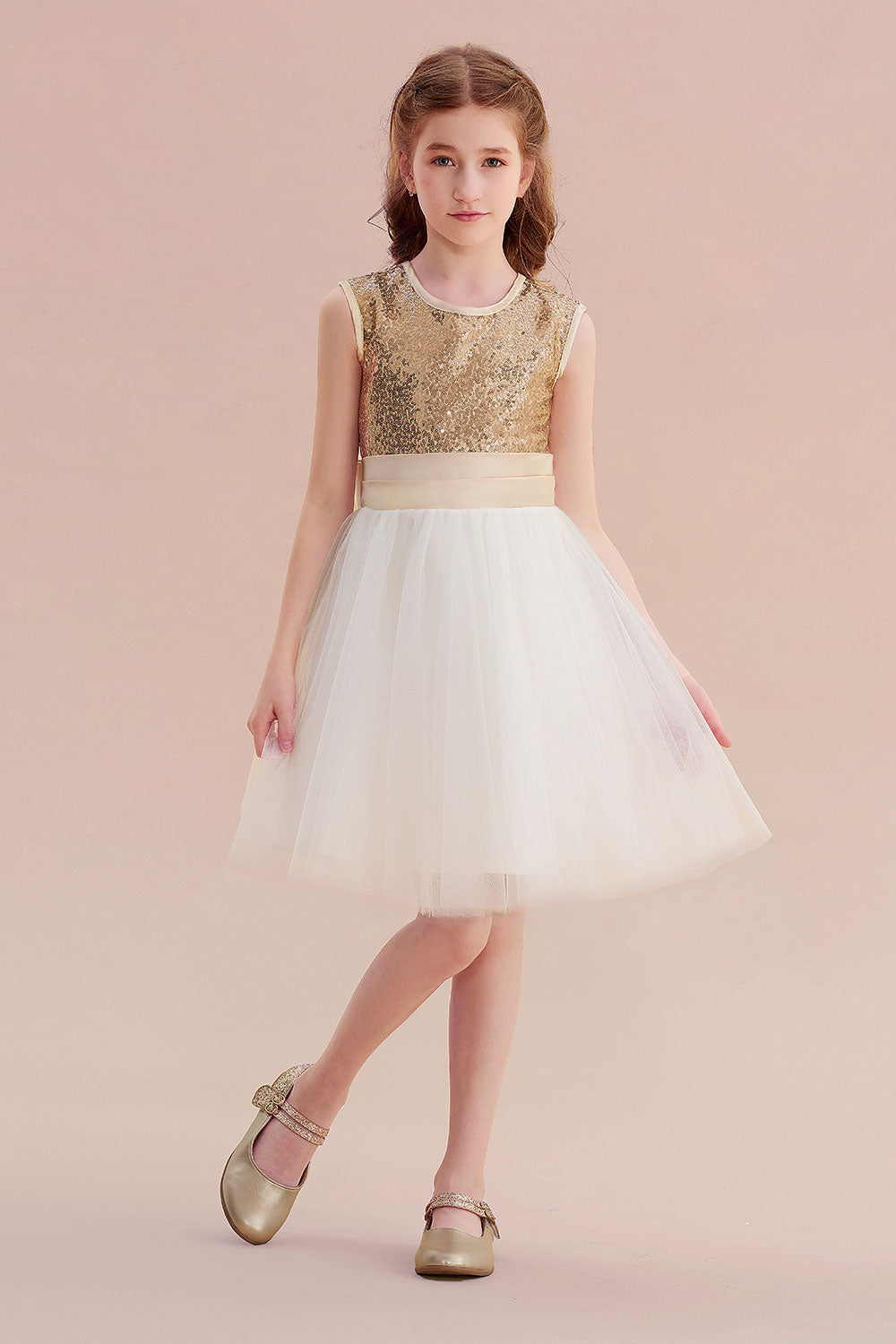 A-Line Sequins Tulle Bow Flower Girl Dress On Sale - Fashionpara