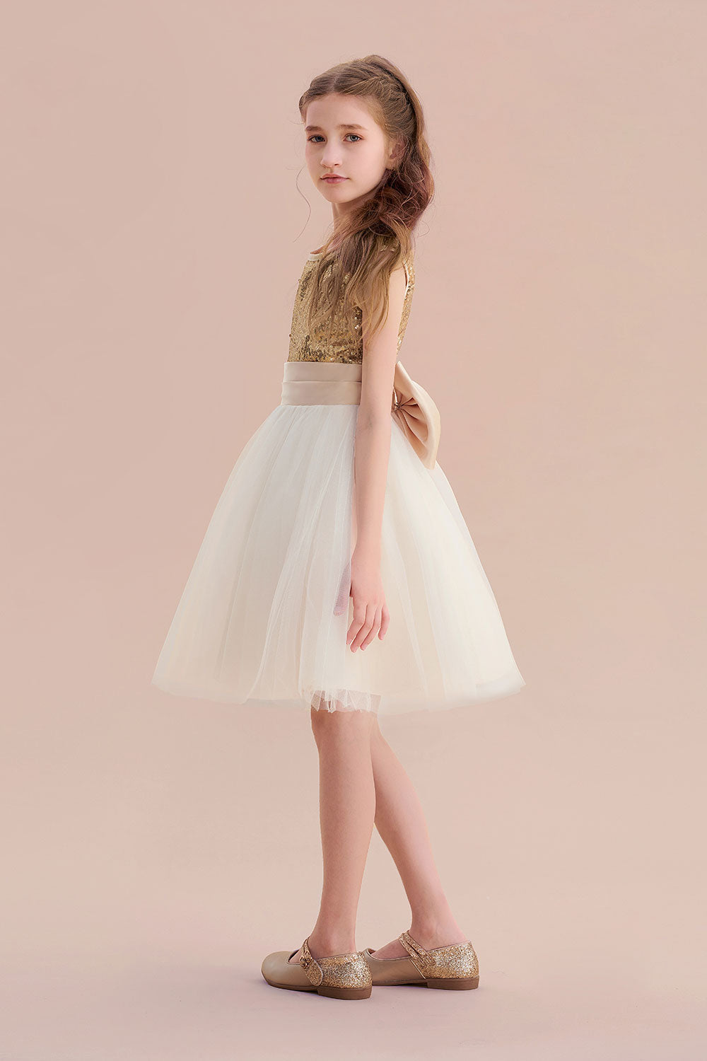 A-Line Sequins Tulle Bow Flower Girl Dress On Sale - Fashionpara