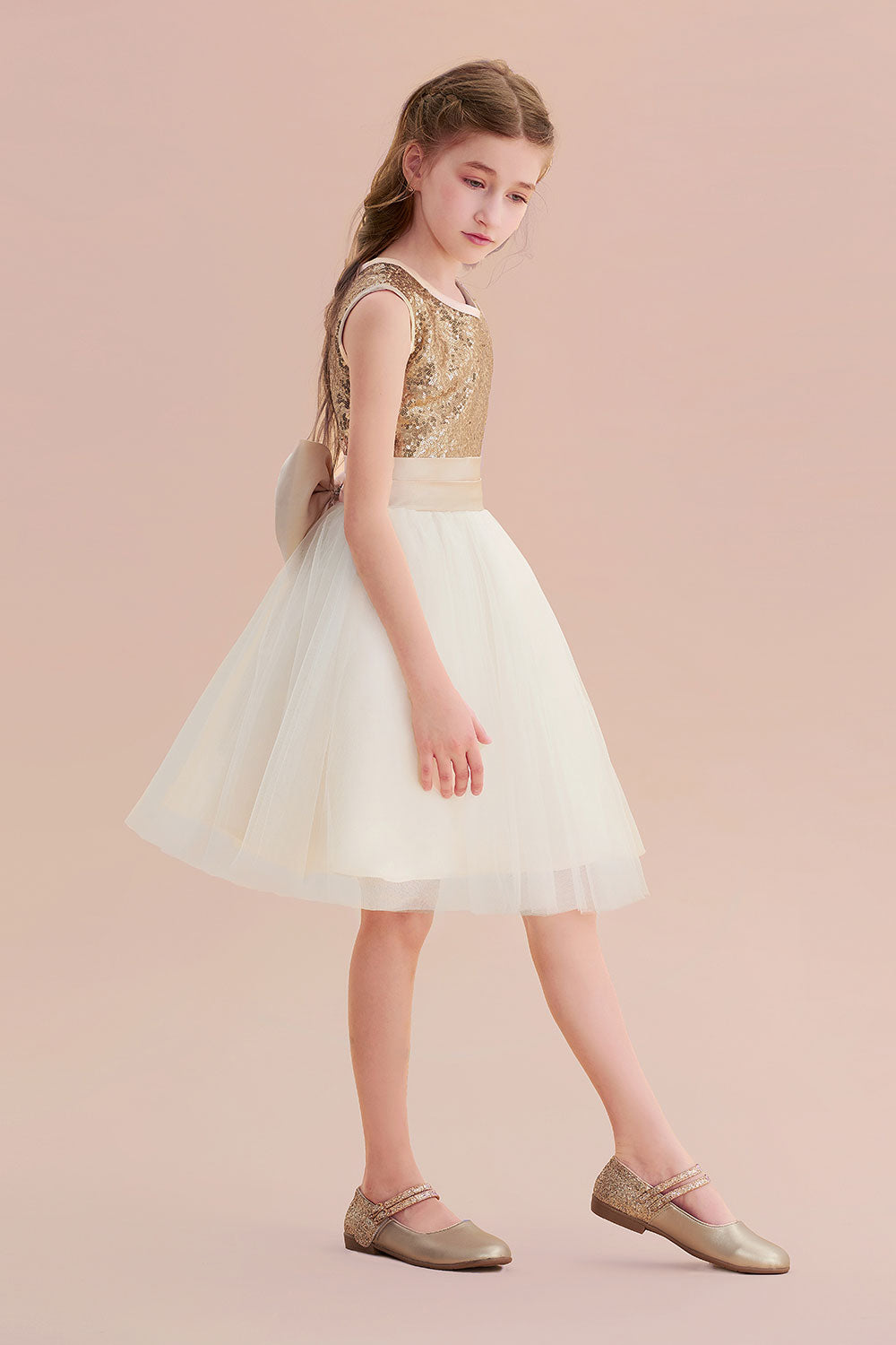 A-Line Sequins Tulle Bow Flower Girl Dress On Sale - Fashionpara