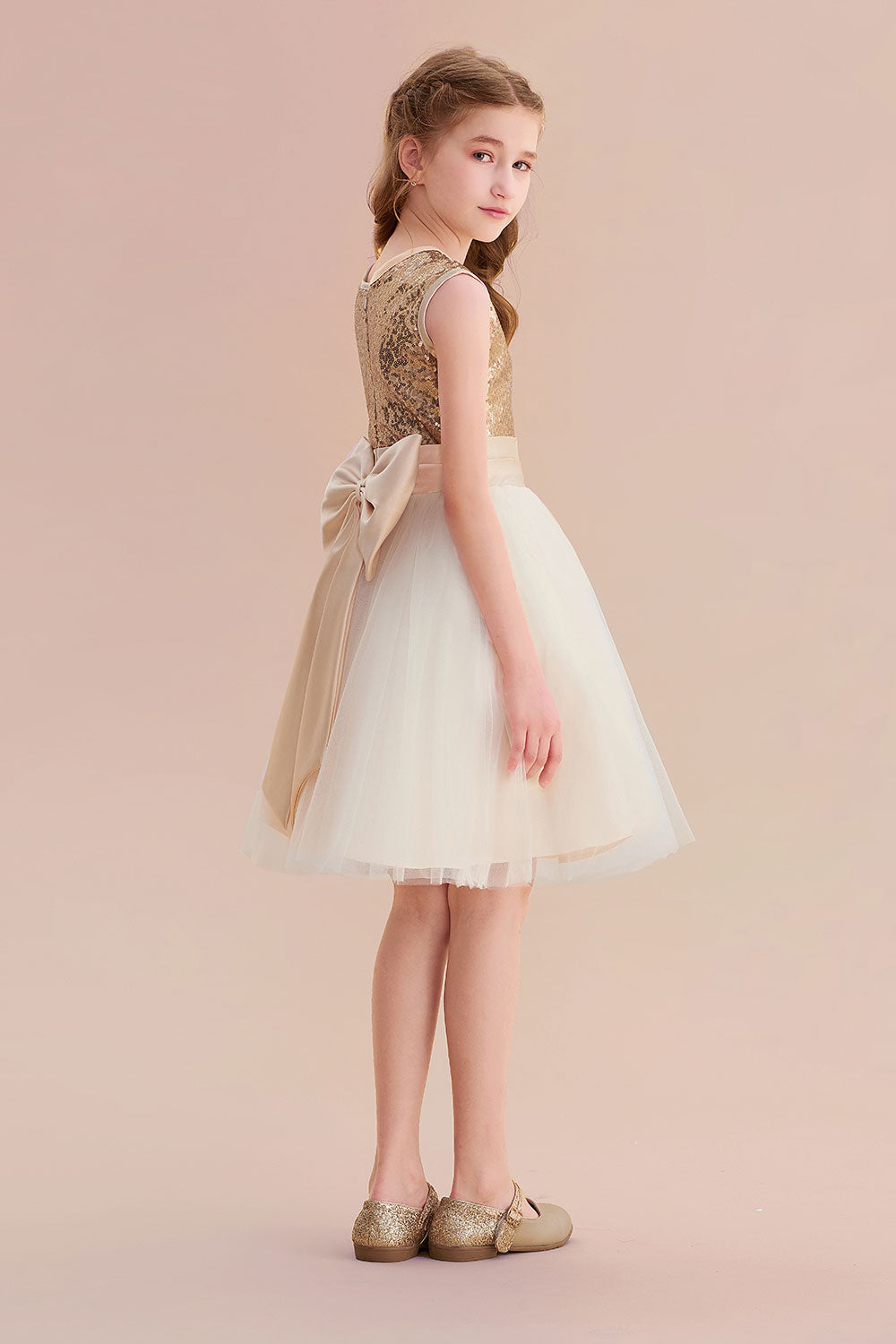 A-Line Sequins Tulle Bow Flower Girl Dress On Sale - Fashionpara