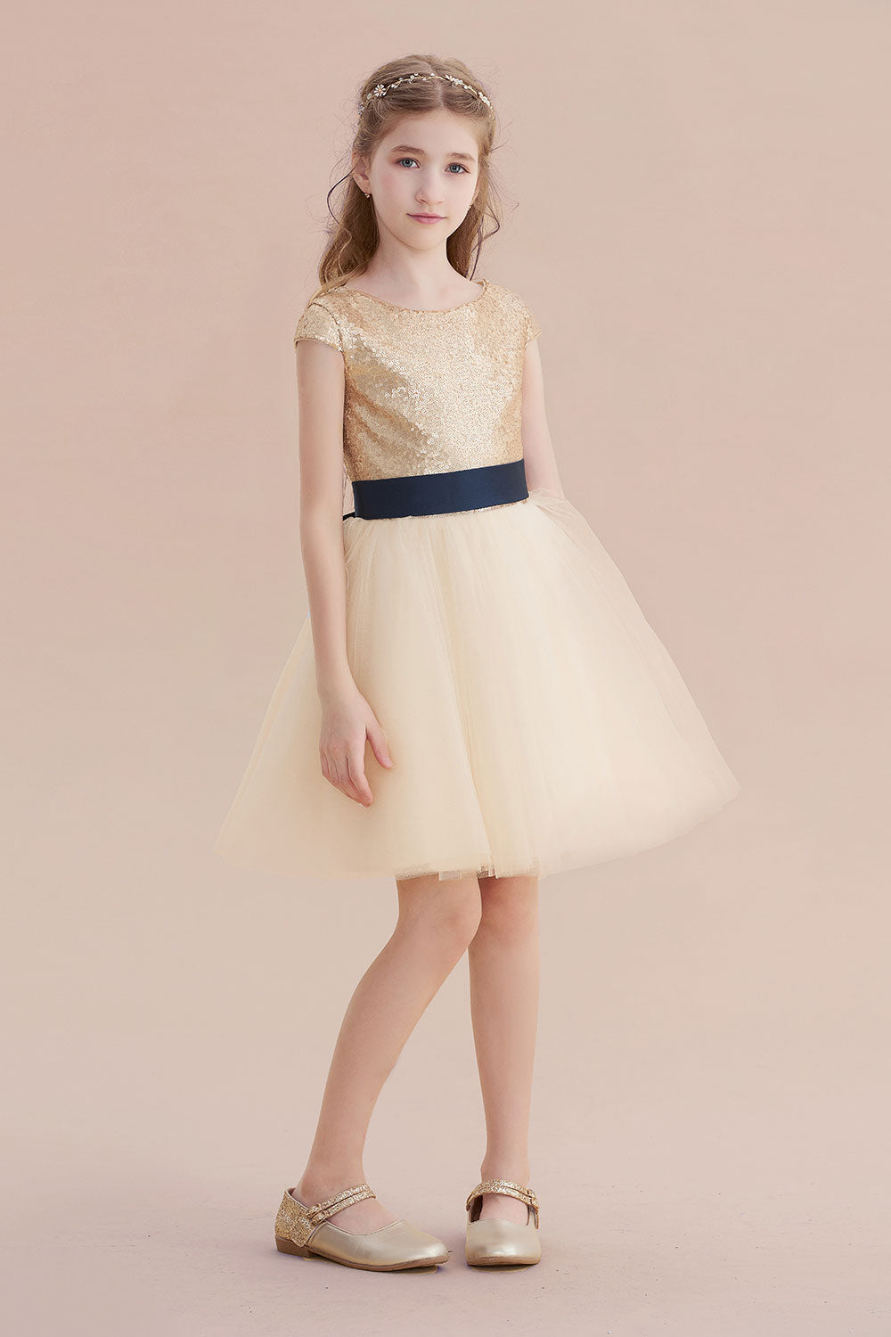 A-Line Sequins Tulle Cap Sleeve Flower Girl Dress - Fashionpara