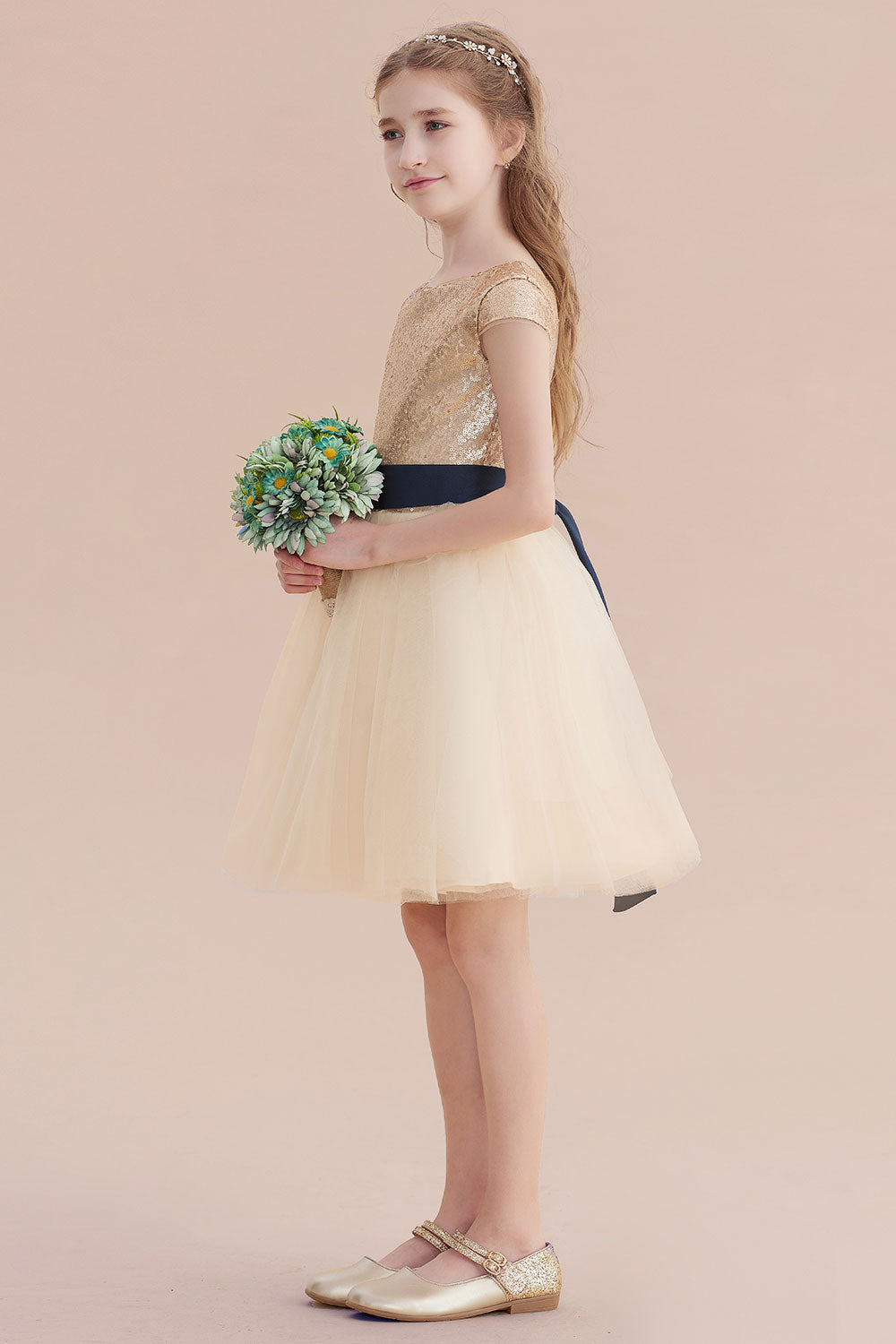 A-Line Sequins Tulle Cap Sleeve Flower Girl Dress - Fashionpara