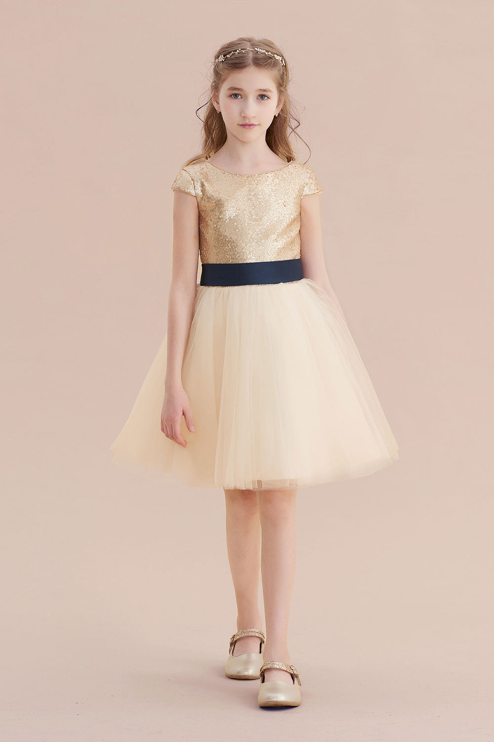 A-Line Sequins Tulle Cap Sleeve Flower Girl Dress - Fashionpara