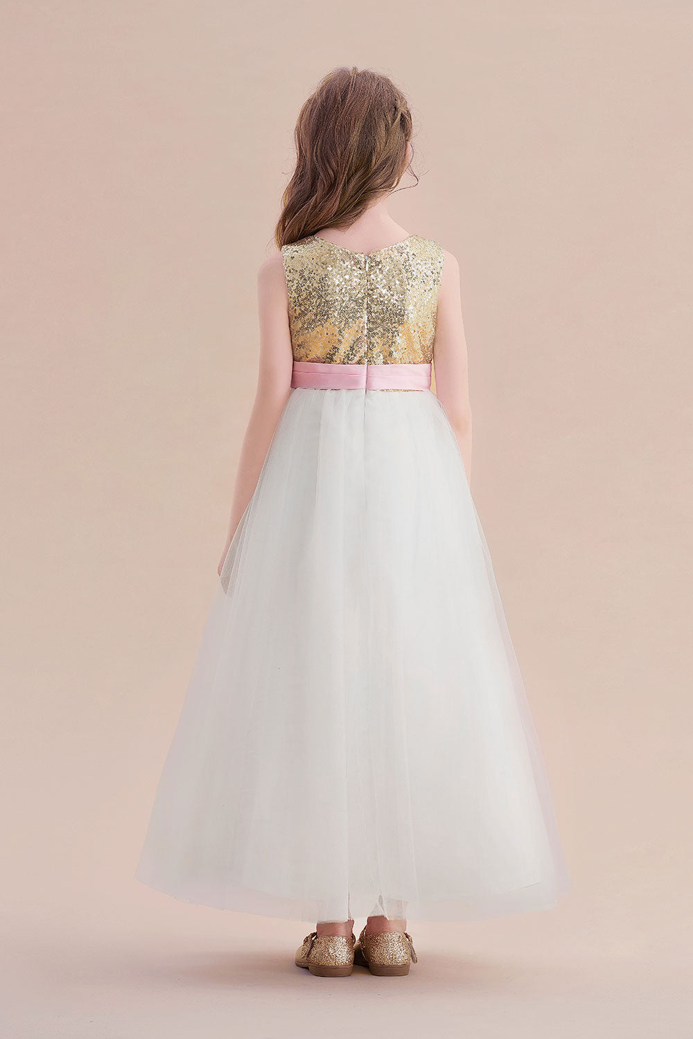 A-Line Sequins Tulle High-waisted Flower Girl Dress On Sale - Fashionpara