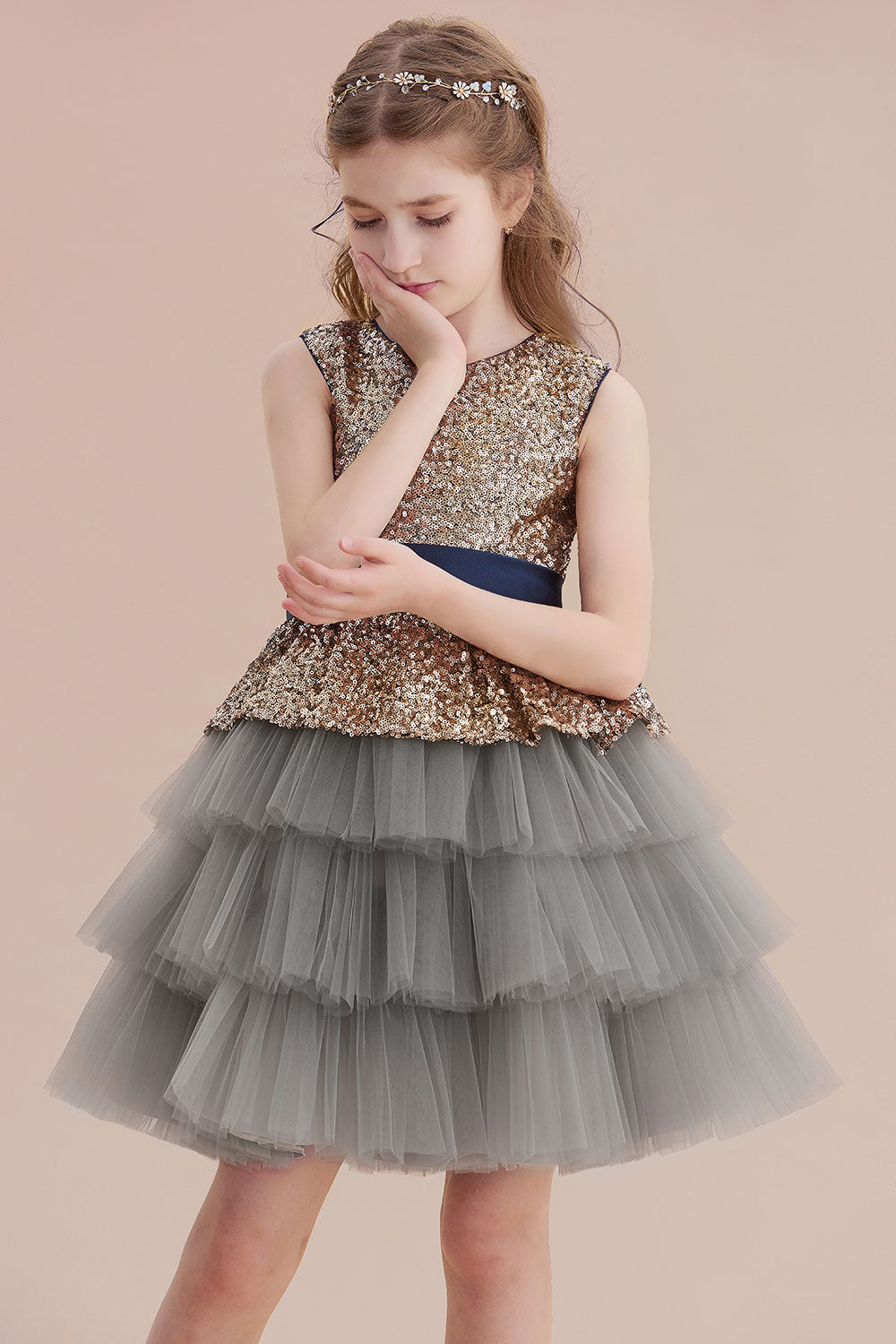 A-Line Sequins Tulle Knee Length Flower Girl Dress On Sale - Fashionpara