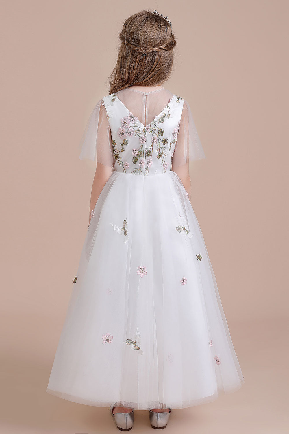 A-Line Short Sleeve Embroidered Tulle Flower Girl Dress On Sale - Fashionpara