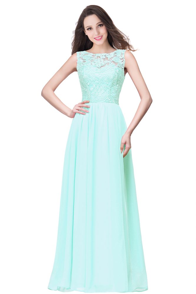 Fabulous Sleeveless A-Line Crew Floor-Length Lace Top Chiffon Prom Dresses