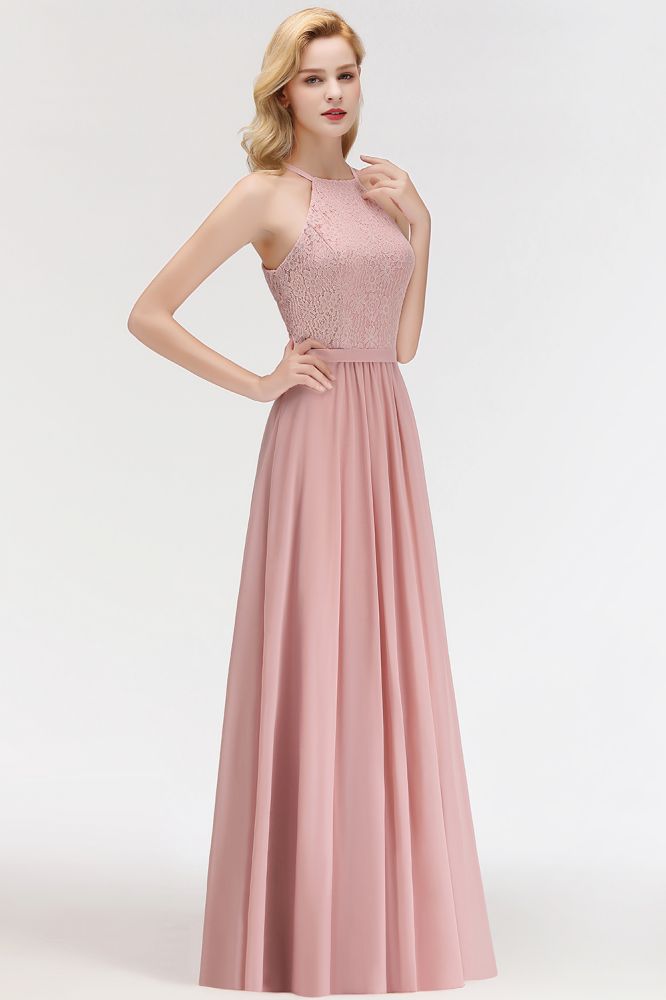 Charming Sleeveless A-Line Halter Long Lace Chiffon Dress