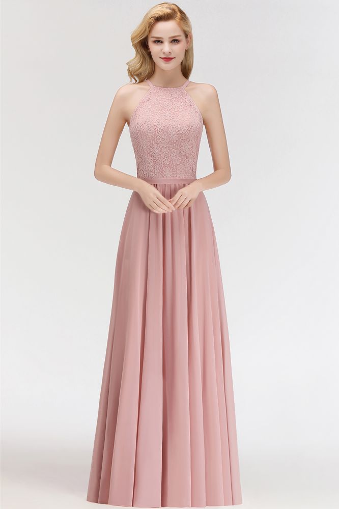 Charming Sleeveless A-Line Halter Long Lace Chiffon Dress