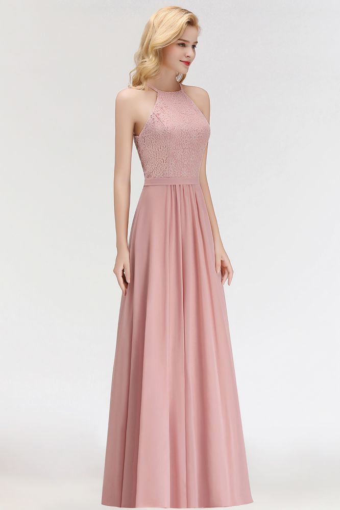 Charming Sleeveless A-Line Halter Long Lace Chiffon Dress