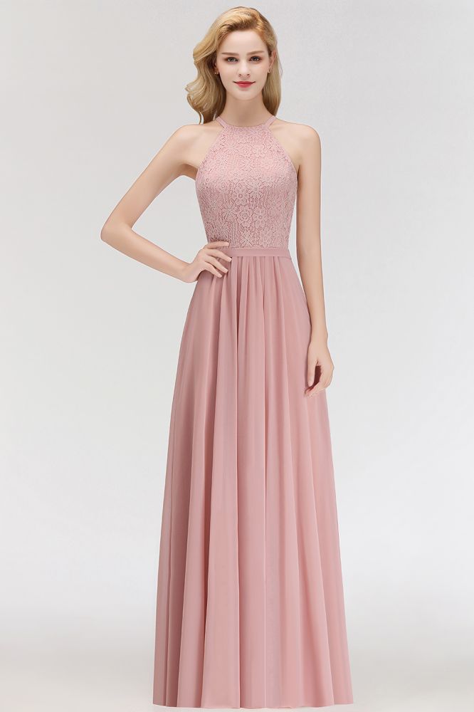 Charming Sleeveless A-Line Halter Long Lace Chiffon Dress